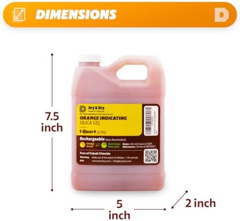 "Dry & Dry" [1 Quart] Premium Orange Indicating Silica Gel Desiccant Beads(Industry Standard 3-5 mm) - Rechargeable Silica Gel Beads(2 LBS)