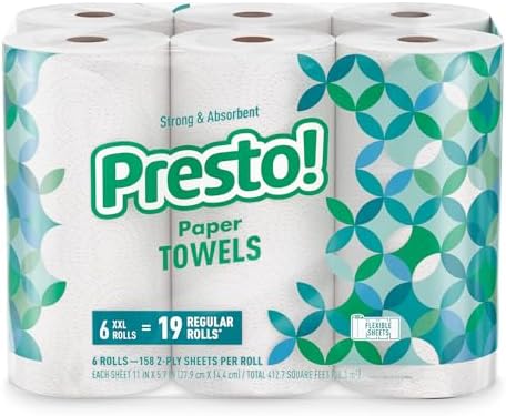 Amazon Brand - Presto! Ultra-Strong Premium Paper Towels, 158 Sheet Huge Roll - Flex-a-Size, 12 Rolls (2 Packs of 6), Equivalent to 38 Regular Rolls, White