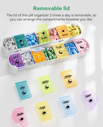 Foldable Weekly Pill Organizer 2 Times a Day - Magnetic Moisture-Proof 7 Day Pill Box AM PM, Portable Travel Medicine Organizer with Removable Lids for Vitamins, Supplements and Fish Oils (Multicolor)