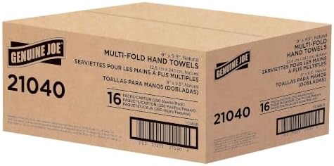 Genuine Joe Multifold Paper Hand Towels, 1-Ply Kraft, 9.25" x 9.4", 100% Recycled, 250 Count Per Pack (16 Pack, 4,000 Total Sheets) - Commercial Washroom & Restroom Supplies