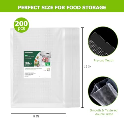 Bonsenkitchen Precut Vacuum Sealer Bags 200 Quart 8" x 12", BPA Free