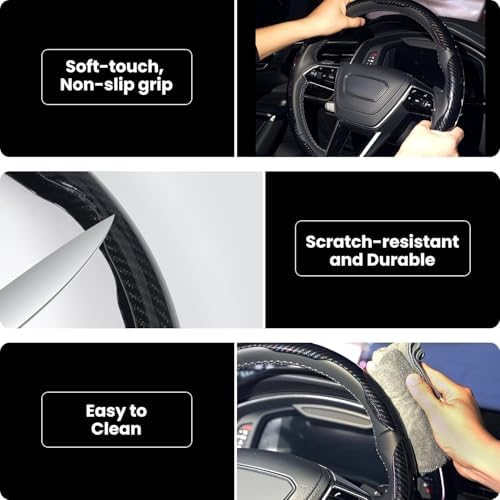Hiseanllo Carbon Fiber Steering Wheel Cover 3PCS Set – Anti-Slip, Scratch-Resistant, Universal Fit for 14–16 Inch Wheels – Interior Car Accessories for Cars, SUVs, Trucks (Black)