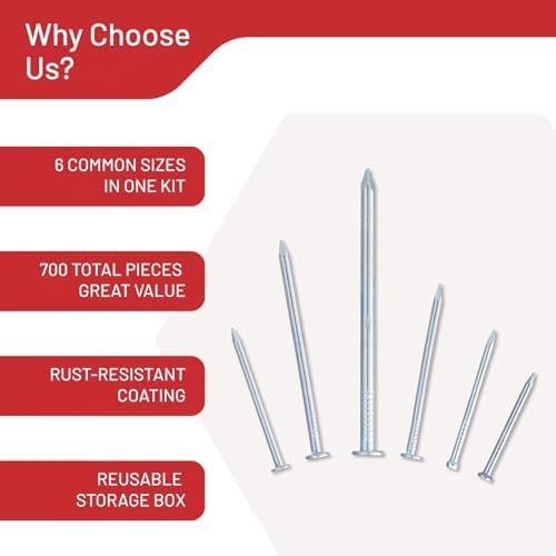 CrimsonMark Nails Assortment Kit - 700 PCS Galvanized Steel Nails for Wall