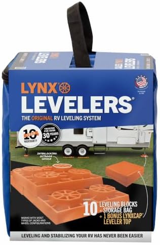 Lynx Levelers 11 Pack Including 1 Lynx Cap Level Top for RV/Trailer/Motorhome/Vanlife Interlocking Leveling Blocks with Storage Bag for Most Leveling and Stabilizing Functions. 00015, Made in USA.