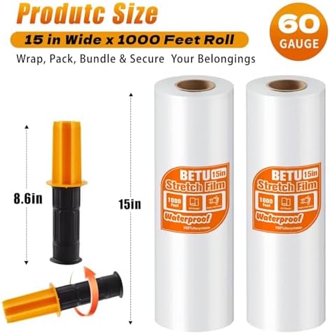 Stretch Film Shrink Wrap for Moving Supplies (15inch, 2 Pack) x 1000ft, Industrial Strength Plastic Wrap Stretch Roll for Pallet Wrapping Shipping Moving Boxes Storage Furniture with Handles, Clear