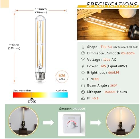 Tubular Light Bulb 7.3 Inch Dimmable T10 LED Bulb E26 6W 60 Watts