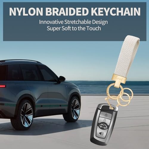 Fishent Stretchy Car Keychain, Nylon Braided Cool Key Chain for Women Men, Universal Key Fob Holder with 3 Keyrings, Anti-Lost D-Ring, Car Accessories, Starlight