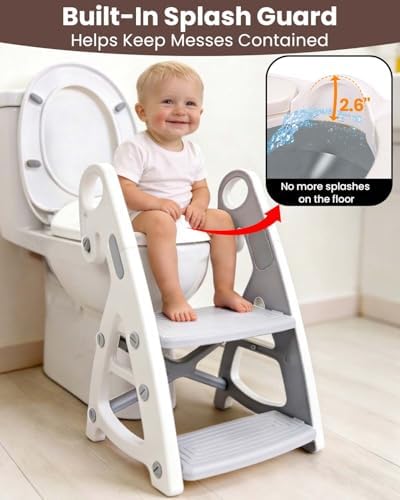 Primlect Potty Training Toilet, 2-in-1 Stable Potty Seat with Step Stool | Adjustable Seat and Step Height, Extra Wide Step, Anti-Slip Pad, Splash Guard, for Boys and Girls, Grey