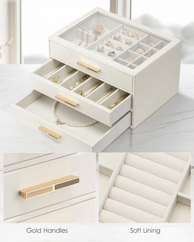 VLANDO Jewelry Box Organizer, 3-Layer Storage Drawers, Glass Window, Modern