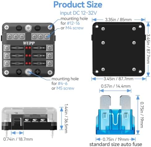 WUPP 12 Volt Fuse Block, Waterproof Boat Fuse Panel with LED Warning Indicator Damp-Proof Cover, 6 Circuits with Negative Bus Fuse Box for Car Marine RV Truck DC 12-24V