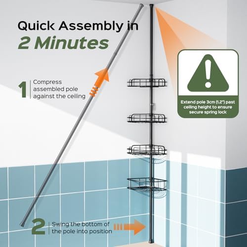 HAMITOR Corner Shower Caddy Tension Pole: No-Drill Rustproof Bathroom Shelf