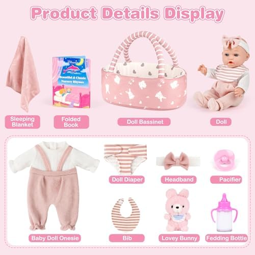 Dreamon Baby Doll Set 12" Baby Doll with Feeding & Caring Accessories, Pink
