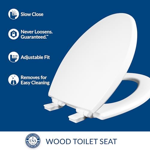 Mayfair Cassel slow close toilet seat, easy clean non-slip premium wood seat, install, made in USA, elongated, white