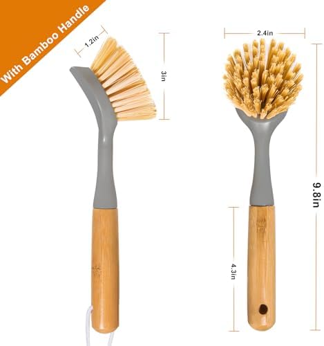 FunCee 2 Pack Kitchen Dish Brushes with Bamboo Handle, Dish Scrubber Built-in Scraper, Scrub Brush for Pans, Pots, Counter & Kitchen Sink Cleaning, Dishwashing and Cleaning Brush Tools, White