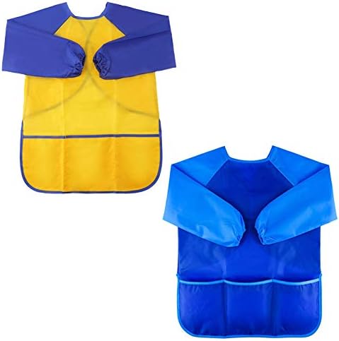 Zkptops 2 Pack Kids Art Smock Colorful Waterproof Children Art Aprons Artist Painting Aprons with Long Sleeve 3 Roomy Pockets for Age 3-7 Years,Yellow and Blue