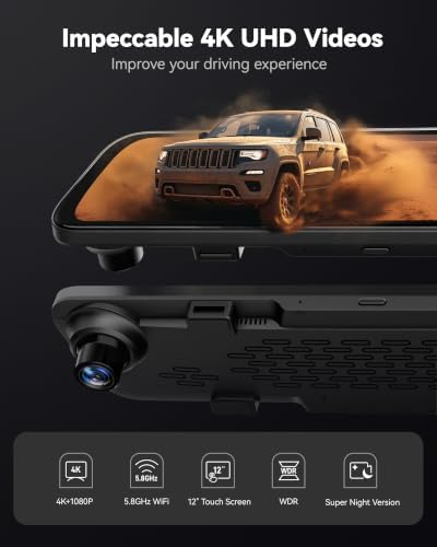 WOLFBOX G840S 12" 4K Mirror Dash Cam Backup Camera with 32GB Card and GPS