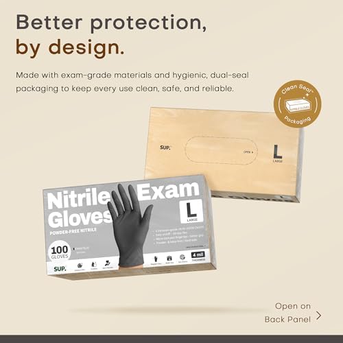 SUP Powder-Free Nitrile Exam Gloves, 100 Count, Food Safe Latex-Free Medical Non-Sterile Cooking Disposable Glove, Black