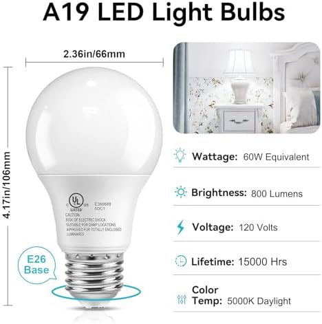 TJOY 6 Pack LED Light Bulbs 60 Watt Equivalent, Daylight White 5000K A19