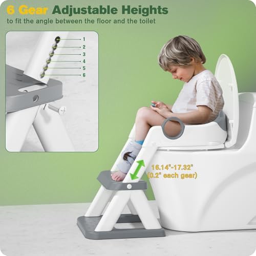 Rabb 1st® Potty Training Seat, Toddler Toilet Seat for Kids Boys Girls, 2 in1 Potty Training Toilet with Step Stool, 6 Adjustable Height, Splash Guard, Stable Triangular Anti-Slip Design(Grey)