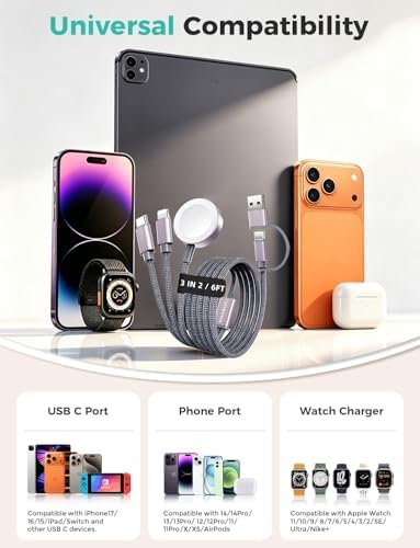 Travel Essentials,3 in 2 USB C Cable for Apple Watch Charger,iPhone Charger,Multi Charging Cable,Cruise Vacation Camping Essentials for iWatch Series 11-2/Ultra,iPhone 17-12,Car Accessories,Grey-6FT