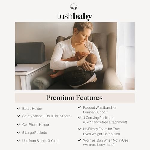Tushbaby Original Hip Seat Baby Carrier for Babies & Toddlers up to 45 lbs, Safety Certified, Lightweight No-Foam Design with Storage, Black
