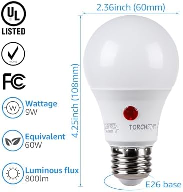 TORCHSTAR 4-Pack Dusk to Dawn LED Light Bulb Outdoor, A19, 2700K