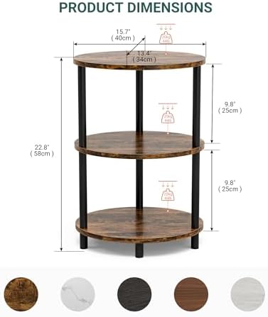 Round Small End Table - 3 Tier Oval Accent Table for Small Spaces, Rustic Wood and Metal Couch Side Table, Nightstand for Bedroom or End Table Living Room, Easy to Assemble, Rustic Brown