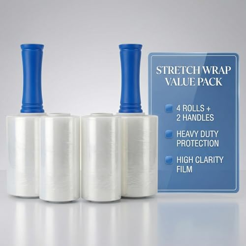 4 Pack Stretch Wrap for Moving, 5 Inch x 1000ft 80 Gauge, Heavy Duty Clear Plastic Wrap with Handles, Packing, Shipping, Pallet & Furniture Protection