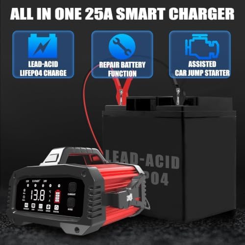 E-FAST 25A Smart Car Battery Charger, 12V/24V Automatic Automotive Battery Maintainer & Desulfator with 200s Booster Mode - Adjustable Amp Trickle Charger for Lead-Acid, AGM, Gel, LiFePO4