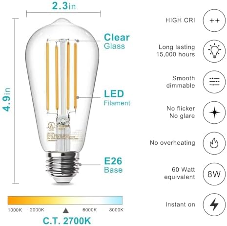 TJOY LED Edison Light Bulbs, E26 Dimmable Vintage Bulb, 8W = 60W Equivalent