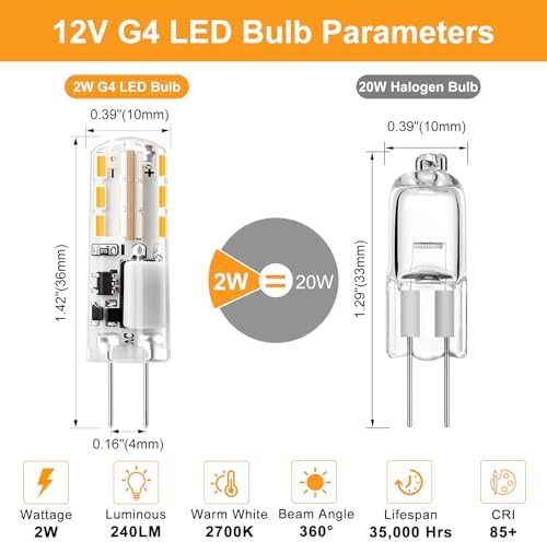 G4 LED Bulb 12V (AC/DC) 2W - Warm White 2700K, Non-dimmable, Bi Pin Base, 10-Pack - Replace 10W-20W Halogen Bulbs for Home and Landscape Lighting