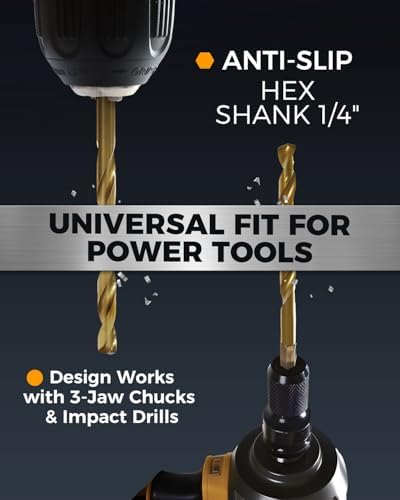 COMOWARE Titanium Twist Drill Bit Set 16 Pcs, 1/16"-1/4, Hex Shank HSS