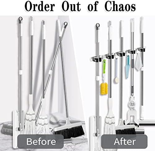 AceMining Broom Holder Wall Mount, 5 Racks 4 Hooks Heavy Duty Mop Organizer