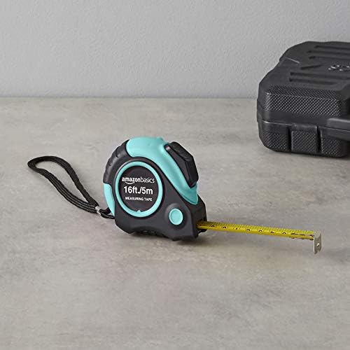 Amazon Basics Retractable Tape Measure with Metric and SAE Measurements, 16 ft / 192 in, Turquoise