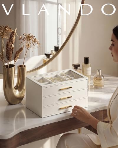 VLANDO Jewelry Box Organizer, 3-Layer Storage Drawers, Glass Window, Modern
