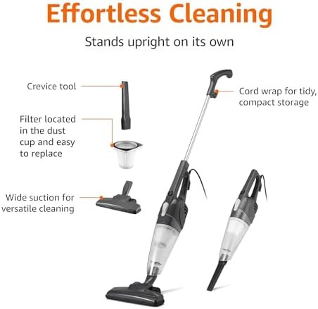 Amazon Basics 2-in-1 Corded Stick Vacuum Cleaner, Converts to Handheld, Lightweight (3.9 LBS), with Washable Filter, Crevice Tools, 0.5L Dust Cup, Self-Standing, 19.7-Ft Cord, 300W, Black