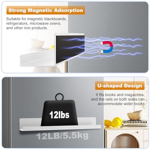 2 Pack Magnetic Book Shelf for Whiteboard, 17 Inch Heavy Duty Metal Magnetic Shelves, Holds 12 lbs, Magnetic Book Display for Classroom Furniture, Office - White
