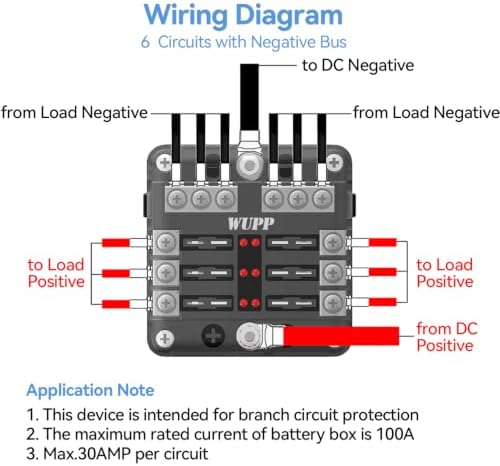 WUPP 12 Volt Fuse Block, Waterproof Boat Fuse Panel with LED Warning Indicator Damp-Proof Cover, 6 Circuits with Negative Bus Fuse Box for Car Marine RV Truck DC 12-24V
