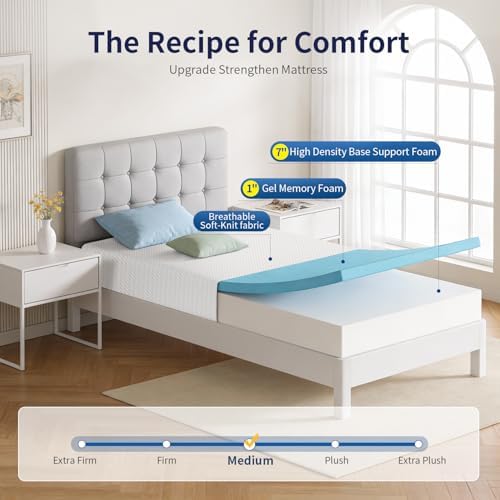 FDW | 8 Inch Twin Mattress | Medium Firm | Gel Memory Foam | White