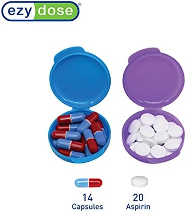EZY DOSE Daily Round, Compact, Small, Disrcrete, Portable On-The-Go Pocket Pharmacy, Pill Box, Organizer and Vitamin Containers, Snap Shut Lids, Travel Friendly, Colors May Vary, 2 Pack, BPA Free