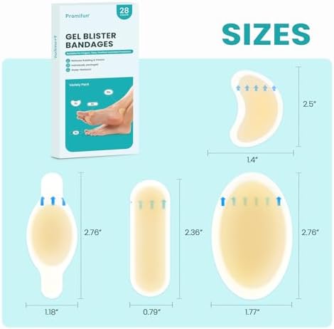 Promifun Blister Pads - 28 ct Water Resistant Hydrocolloid Bandages for Foot, Toe, Heel - Gel Blister Cushions for Prevention & Recovery, Variety Pack