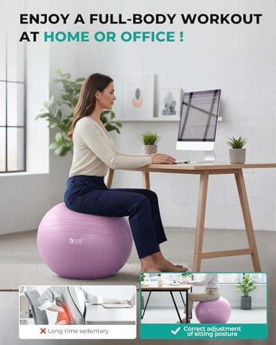 Gruper Yoga Ball, Extra Thick Exercise Ball for Workout Pregnancy Stability - 4 Sizes Anti Burst Balance Ball for Yoga, Pilates, Fitness, Birthing, Physical Therapy - Includes Pump