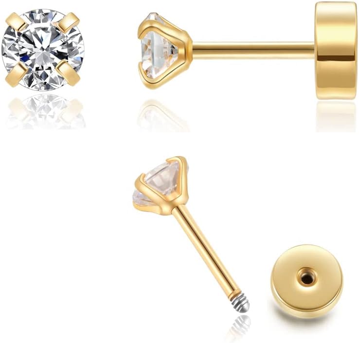 Renkovte Flat Back Screw Back CZ Stud Earrings, Small Cubic Zirconia Stud Earrings for Helix Cartilage Tragus Earlobe Piercing for Women (2mm 3mm 4mm Gold Color)