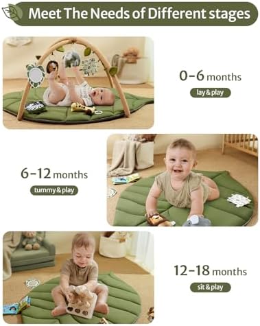 Blissful Diary Baby Play Gym & Activity Mat, Oversize Leaf Shaped Baby Play Mat w 6 Detachable Toys, Tummy Time Mat Promote Motor Skills & Sensory Development Mat, Newborn Infant Baby Essentials Gift
