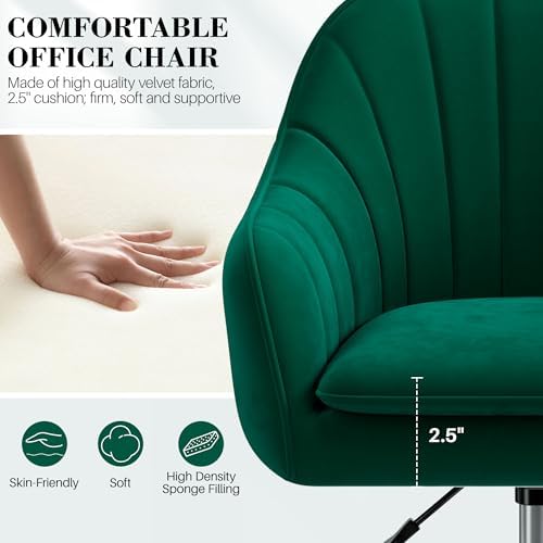Vanity Chair with Wheels, Comfy Home Office Desk Chairs Adjustable Modern Velvet Makeup Vanity Chairs for Bedroom Living Room-Green