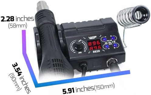 WEP 882D Soldering Iron Station 2-IN-1 SMD Hot Air Rework Station with 2 Spools of Solder Wire, 5 Soldering Tips, 3 Hot Air Nozzles, Brass Wool Tip Cleaner, Tweezers, Desoldering pump