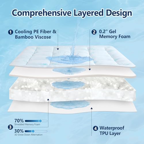DOWNCOOL 100% Waterproof Queen Mattress Topper, Viscose Derived from Bamboo