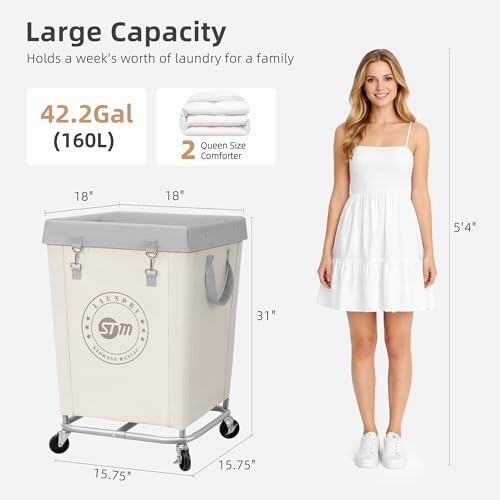 STORAGE MANIAC Commercial Laundry Hamper with Heavy Duty Steel Frame, 160 L Industrial Clothes Basket Cart with Wheels for Big Family, Home, Hotel, Laundry Room, 18''L x 18''W x 31''H, Medium Beige