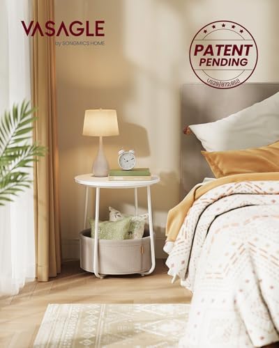 VASAGLE Small Round Side End Table, Small Nightstand with Fabric Basket