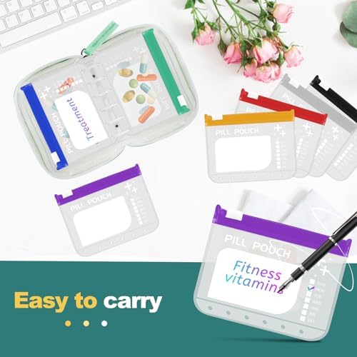 Timueetech A7 Waterproof Pill Organizer with 7 PCS L Size Zippered Pill Pouches for A7 Binder, Large BPA-Free Weekly Medicine Organizer, Color-Coded Reusable Travel Pill Storage System